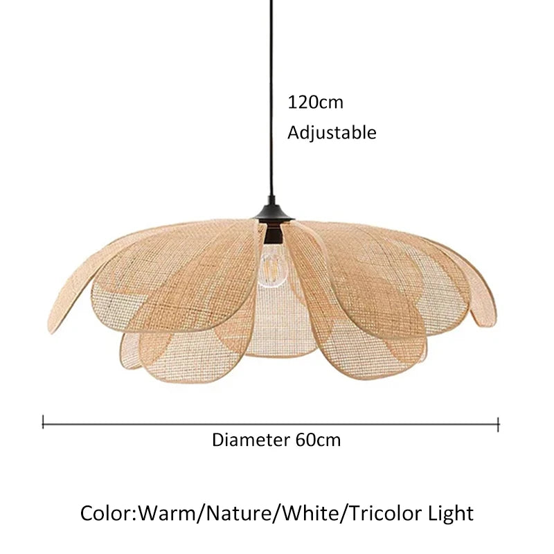 Rattan Woven Petal Pendant Lamp Retro LED Dining Room Chandelier Bedroom Living Restaurant Tea Room Home Decor Lighting Fixture