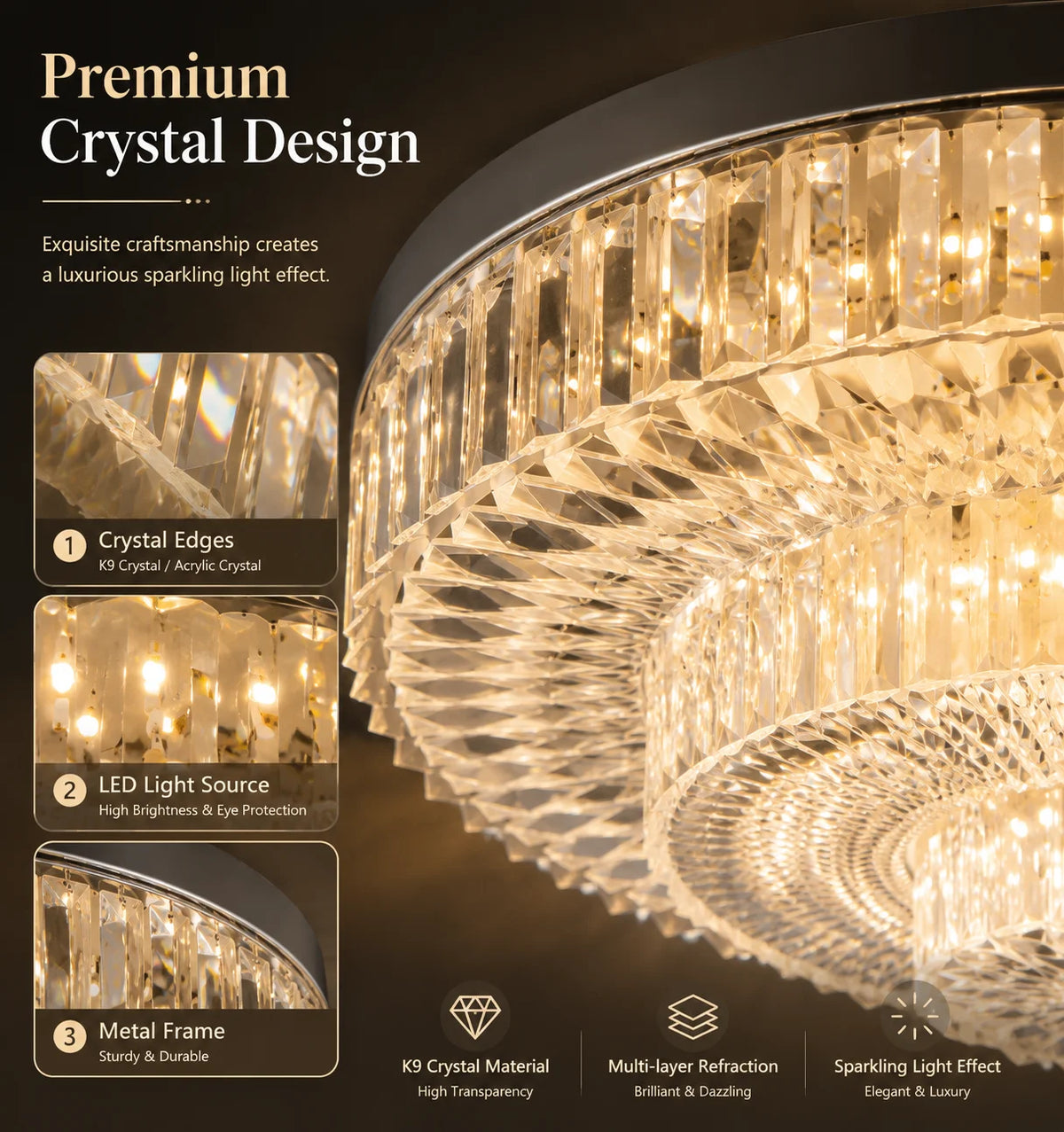 Modern LED Ceiling Lamp Crystal Circle Square - Energy Efficient Lighting for Bedroom Living Room - Adjustable 18W-48W - 85-265V