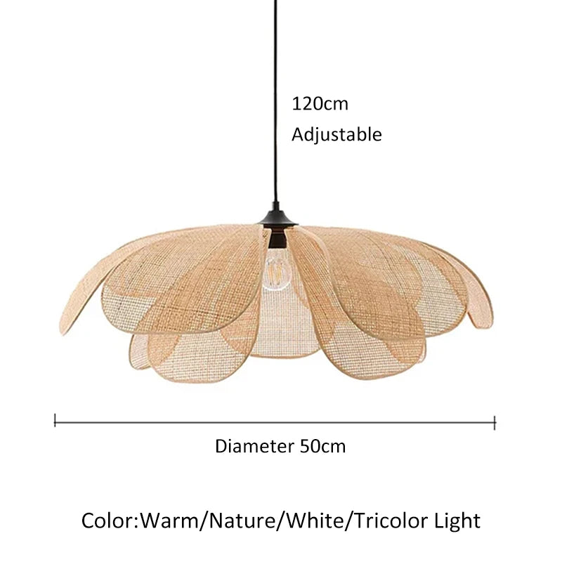 Rattan Woven Petal Pendant Lamp Retro LED Dining Room Chandelier Bedroom Living Restaurant Tea Room Home Decor Lighting Fixture