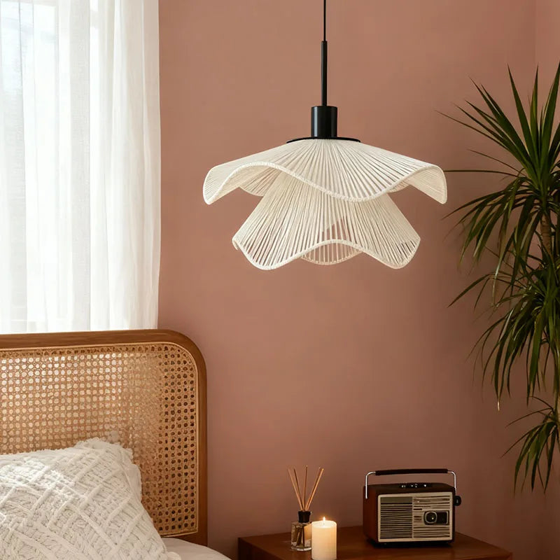 Hemp Rope Flower Pendant Lamp LED Chandelier Home Decoration Living Room Dining Indoor Bedroom Bedside Height Adjustable