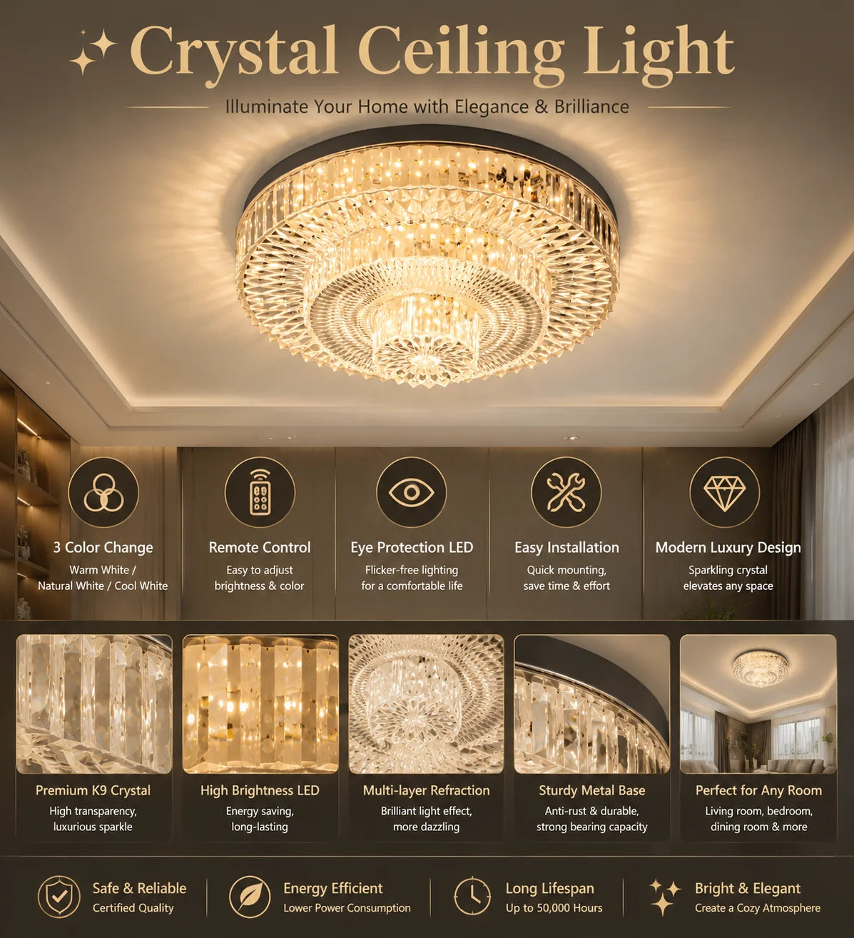 Modern LED Ceiling Lamp Crystal Circle Square - Energy Efficient Lighting for Bedroom Living Room - Adjustable 18W-48W - 85-265V