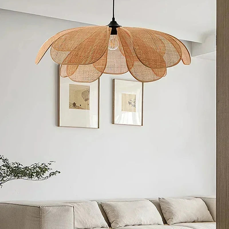 Rattan Woven Petal Pendant Lamp Retro LED Dining Room Chandelier Bedroom Living Restaurant Tea Room Home Decor Lighting Fixture