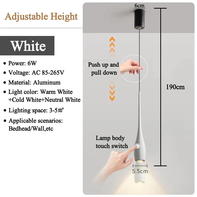 6W LED Pendant Light Modern Simple Chandelier Nordic Creative Adjustable Height Hanging Light Fixture for Bedroom Bedside