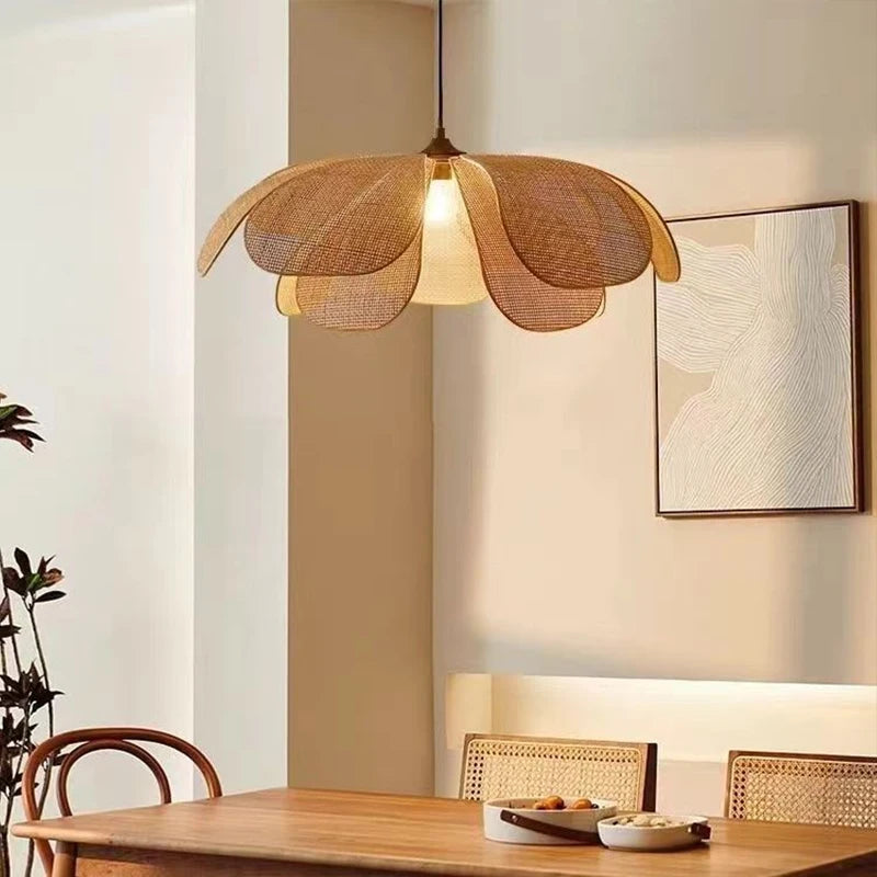 Rattan Woven Petal Pendant Lamp Retro LED Dining Room Chandelier Bedroom Living Restaurant Tea Room Home Decor Lighting Fixture