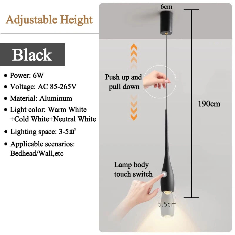 Minimalist LED Pendant Light - Retractable-Black