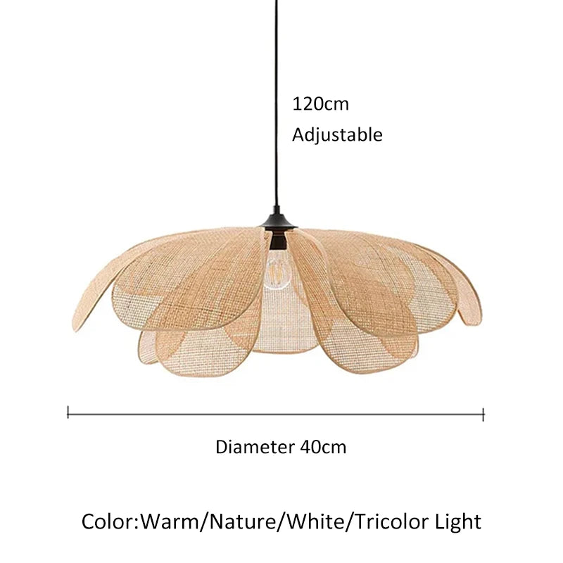 Rattan Woven Petal Pendant Lamp Retro LED Dining Room Chandelier Bedroom Living Restaurant Tea Room Home Decor Lighting Fixture