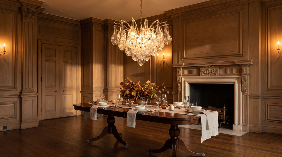 Crystal chandelier above an elegant dining table