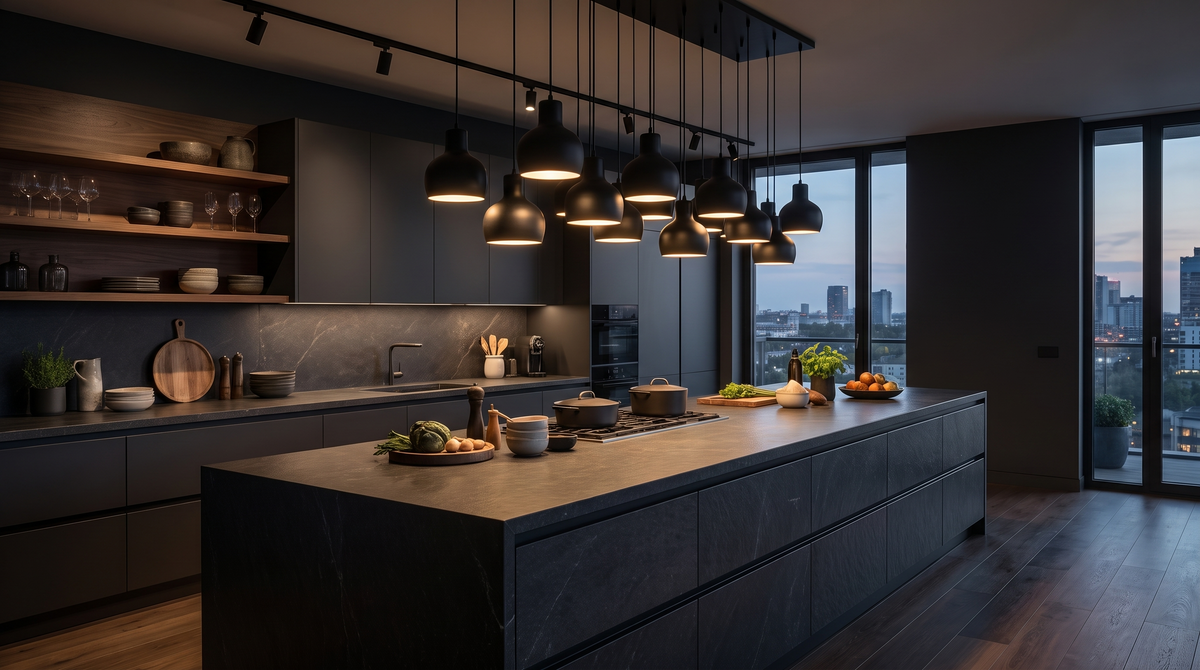 Black pendant cluster above a kitchen island