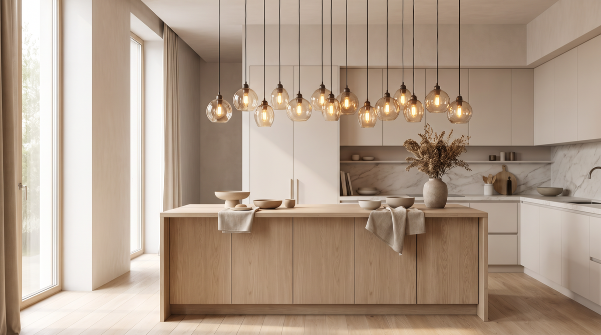 Glass pendant lights over a pale kitchen island