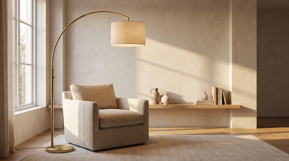 Brass floor lamp beside an armchair