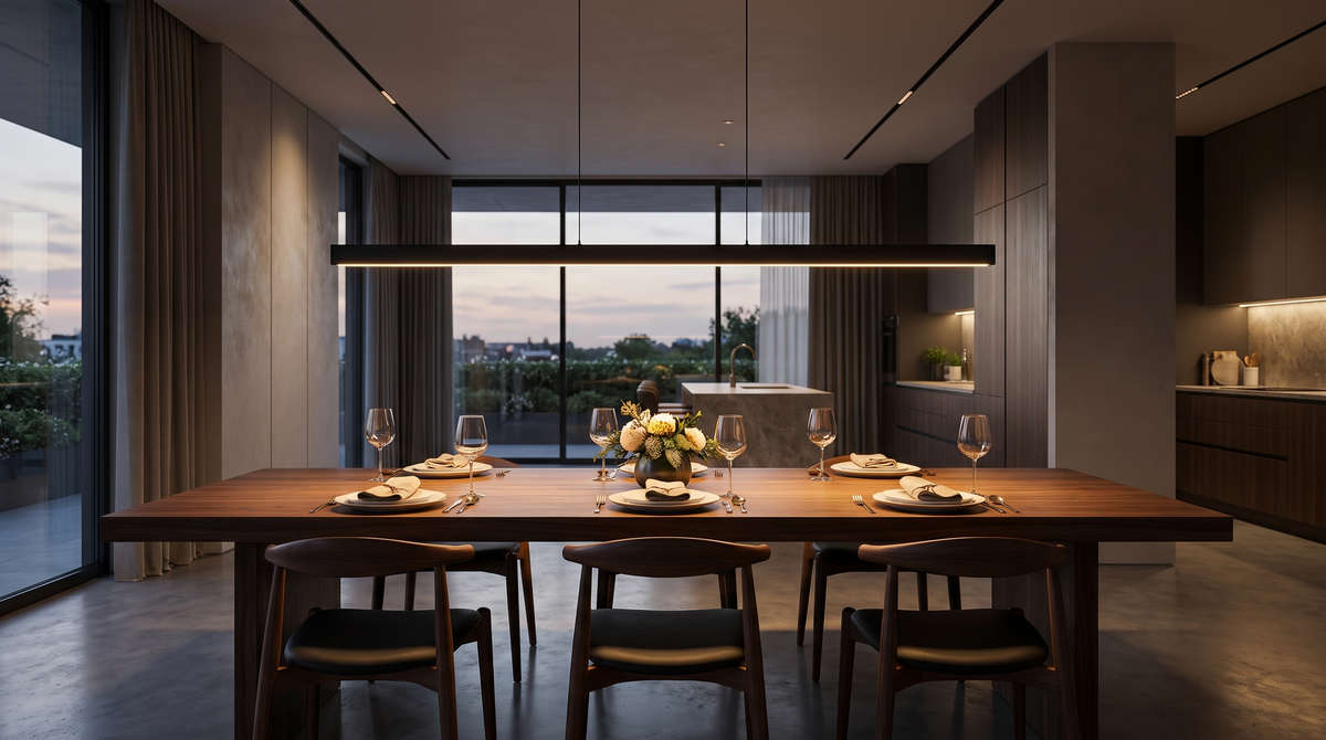 Linear bar pendant above a dining table