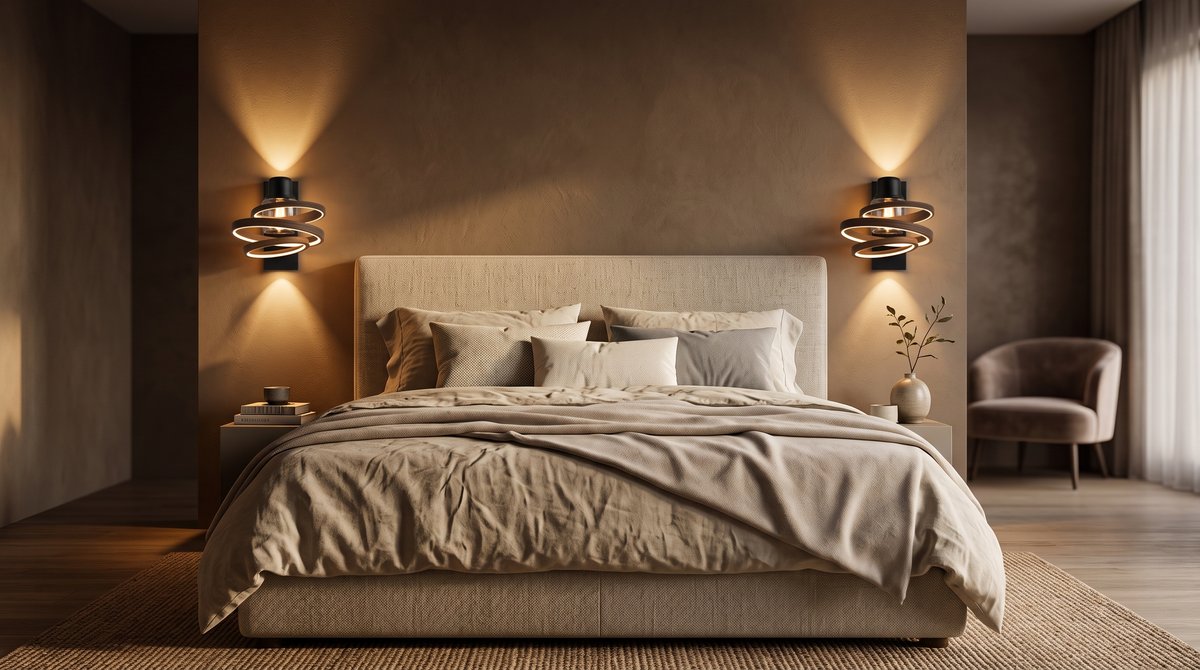 Wall lights either side of a bed