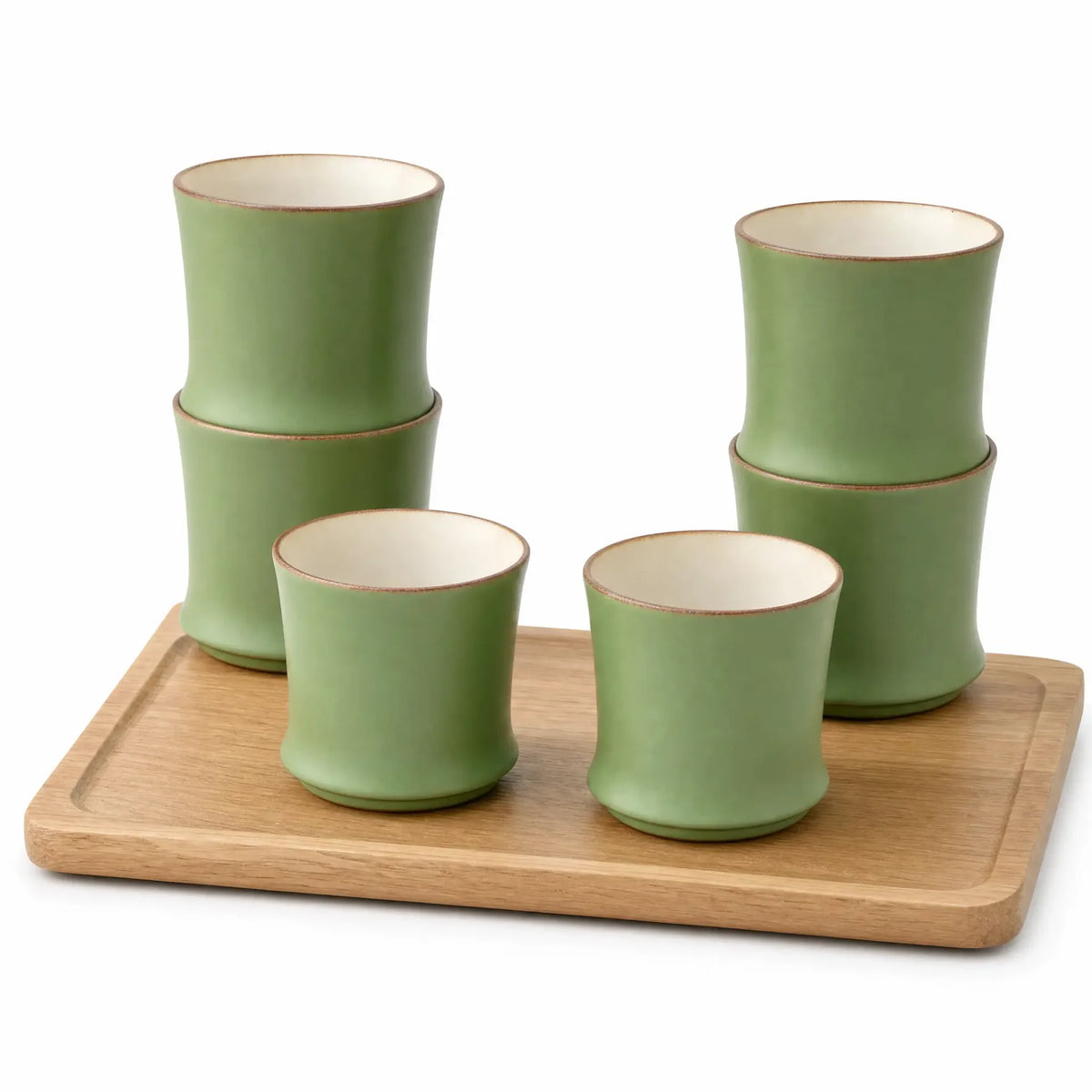 6 pack of stackable bamboo ceramic cups on a wooden tray