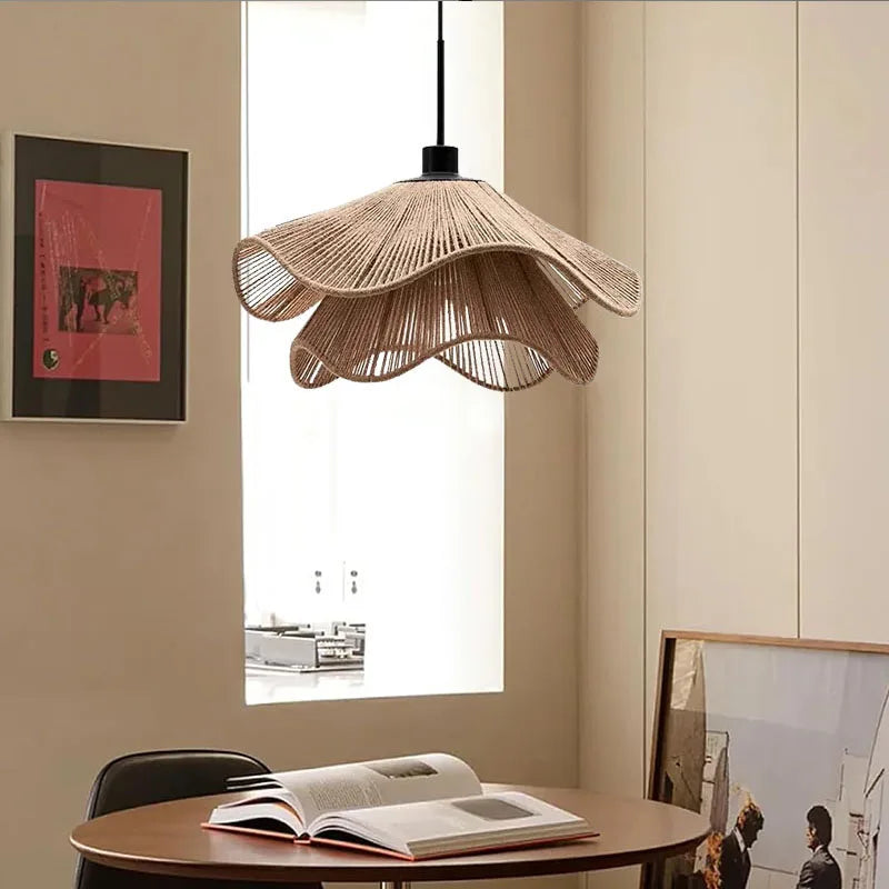 Hemp Rope Flower Pendant Lamp LED Chandelier Home Decoration Living Room Dining Indoor Bedroom Bedside Height Adjustable